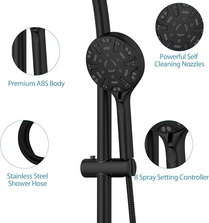 Lordear Black Shower Head Combo,8 Settings High Pressure Double Shower Head Bathroom Dual Shower Head with Handheld Ajustable Sliding Bar, Adjustable Height
