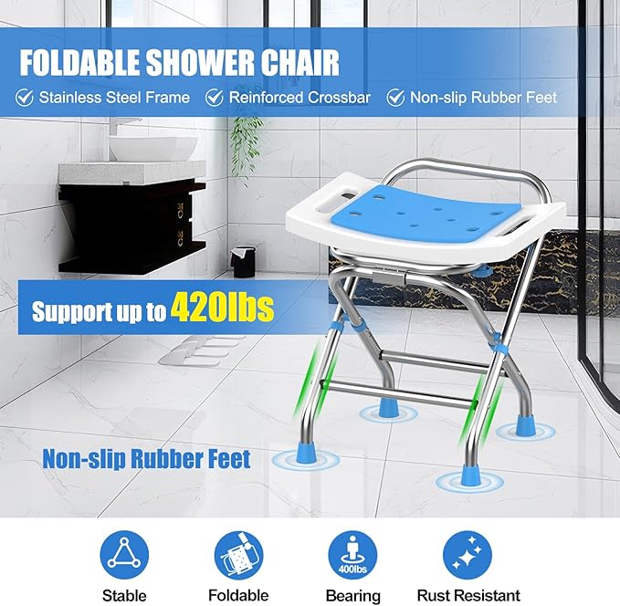 Height Adjustable Folding Shower Chair Seat, Stainless Steel Shower Chair for Inside Shower w/Crossbar, 420LB Portable Travel Shower Stool, Safety Anti-Slip Bath Chair for Seniors,White