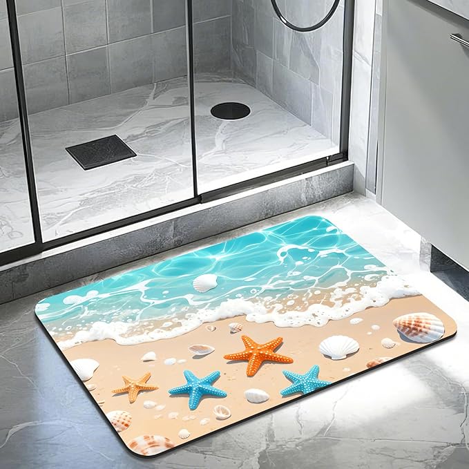 Quick Dry Bath Mat for Bathroom,Super Absorbent Beach Seashell Bath Rug Non-Slip Rubber Backing,Machine Washable Bathroom Floor Mat for Shower, Tub, Sink Area Ocean Blue 30x20