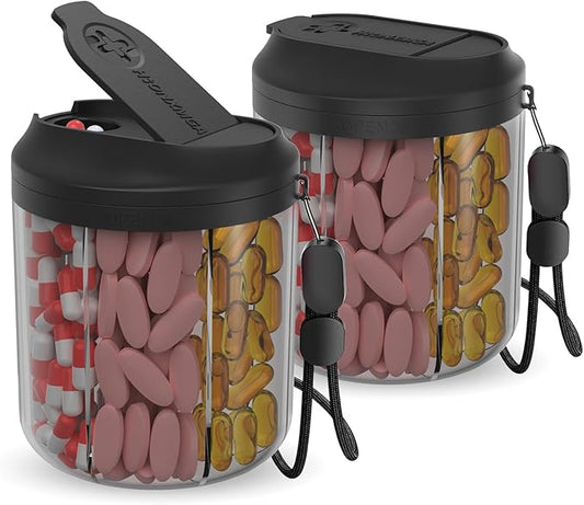 Hionxmga Pill Dispenser with 7 Large Compartments, Pill Bottle Organizer for Travel, Supplement Organizer with Anti-Mixing Design, Pill Container with 20 Pcs Labels, Black 2Pcs
