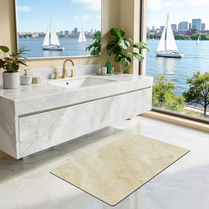LUMI Ultra Thin Bath Mat, Super Absorbent Quick Dry Bathroom Rugs, Non-Slip Bathroom Mats, Marble Bathmats Fit Under Door, Bathtub, Sink, Shower Room, 24"x44", Beige