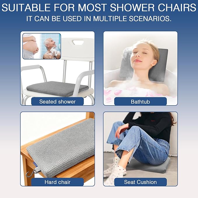 Gooo&Ma Non-Slip Waterproof Shower Seat Cushion Bathtub Pillow Shower Chair Bench Bathtub Cushion - with 3D Mesh & Hook - Bath Pillow，for Elderly，Pregnancy - Washable and Quick Drying(Gray)
