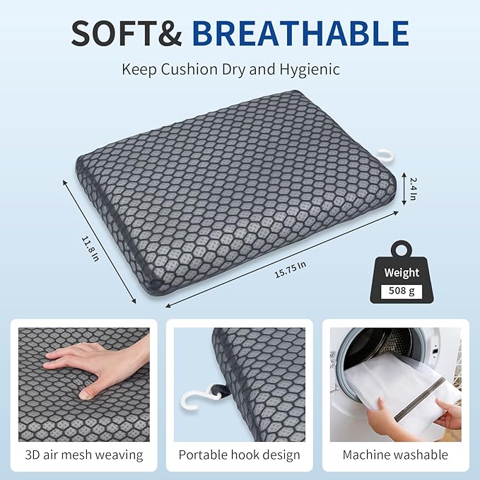 Anycosy Shower Seat Cushion Waterproof,Bathtub Cushion for Transfer Benches,Slip-Resistant 3D Foam Mesh Bathtub Chair Pad with Hook,Quick Drying Shower Seat Mat for Elderly (Gray, Medium)