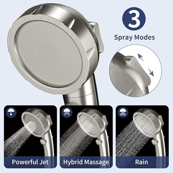 HANLIAN High Pressure Shower Head with Pause Button, 3 Spray Modes Shower Head for RV Camper, Water Saving On Off Shower, Handheld Shower Head with Hose and Self-adhesive Holder (Brushed Nickel)