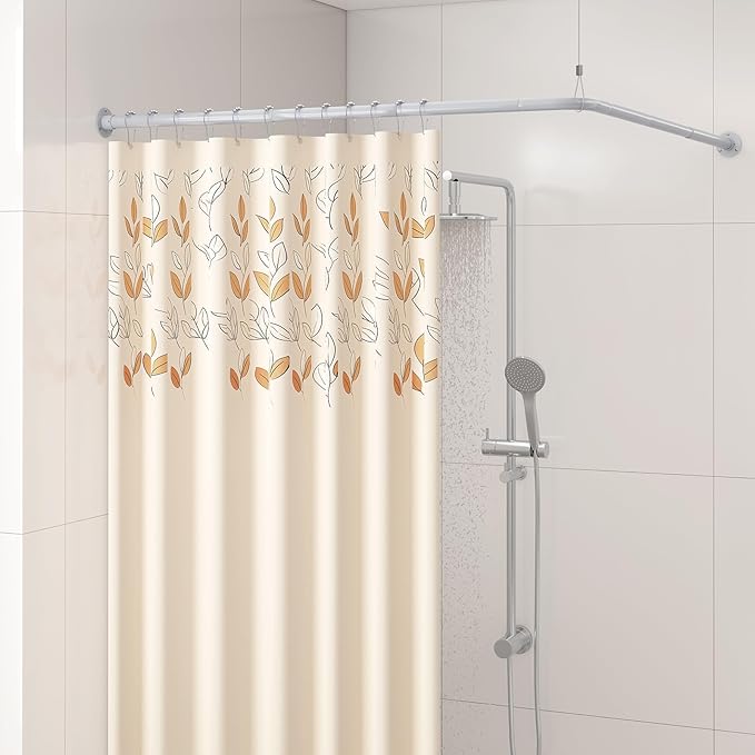 L Shaped Corner Shower Curtain Rod, 24"-37" x 24"-37" Adjustable 90 Degree Curved Bathroom Rod Sqaure Rail No Sag with 12 Hooks & Ceiling Support - Silver Gray