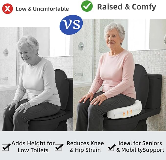 3" Raised Toilet Seat Cushion, Firm High-Density Foam Toilet Seat Riser, Waterproof Cover, Secure Hook & Loop, Easy-Clean Support, Fits Standard & Elongated Toilets
