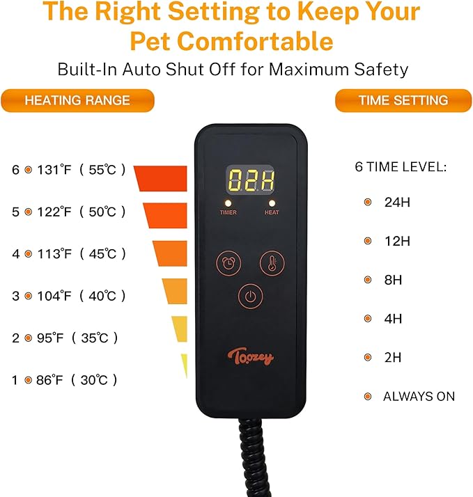 Toozey XL Pet Heating Pad, Waterproof & Chew Resistant, 6 Temp Settings with Timer, 47x28 in for Dogs & Cats