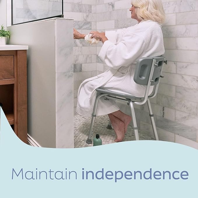 Dr. Dunley Bath Chair for Seniors, Shower Seat with Back, Suction Feet, Non-Slip Adjustable Height Shower Bench for Elderly, Disabled, 400 lb Weight Capacity, Gray Bathroom Stool for Tub or Shower