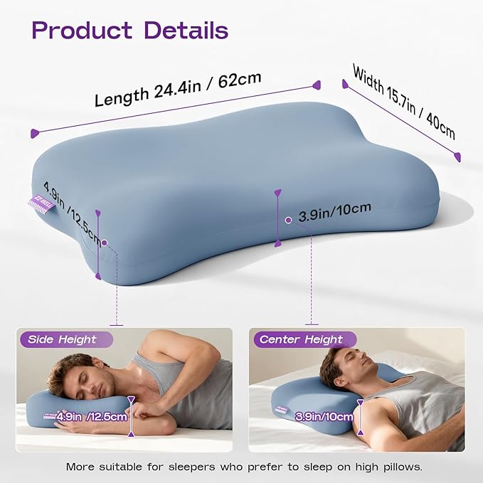 ZZ-WELL Side Sleeper Pillow - Patented Cervical Neck Pillow for Sleeping with Cooling Cover - High Loft Heavy Density Memory Foam Pillows for Side Sleepers & Broad Shoulders Adults (Blue)