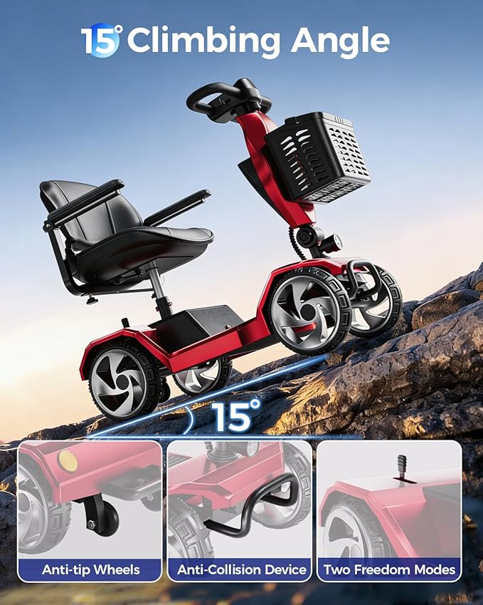 Foldable Mobility Scooters for Seniors, 4 Wheel Lightweight Mobility Scooters for Adults, Powered Electric Wheelchair, Mobility Scooter with Seat, Folding Travel Motorized Scooter - Red