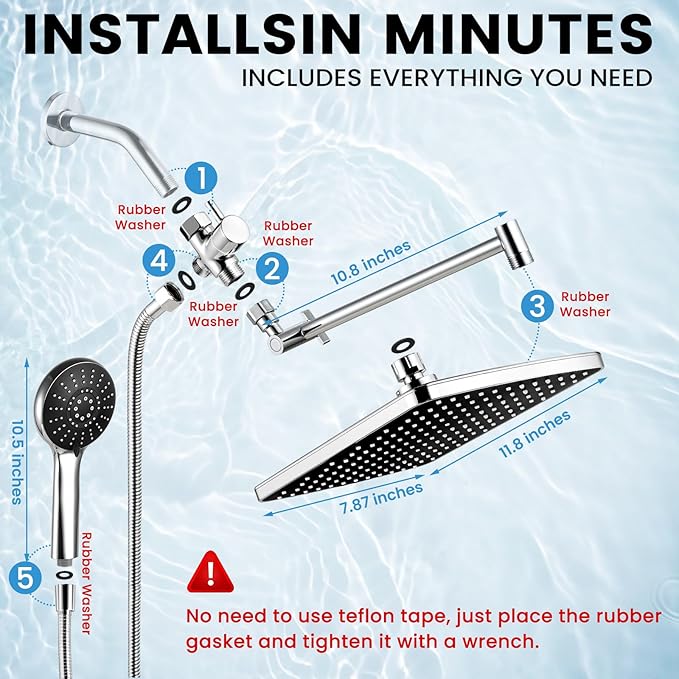 Rain Shower Head with Handheld, 11.8 Inch High Pressure Handheld Shower with Multi Spray Modes, Holder and Rainfall Combo 11'' Extension Arm, Chrome, Bathroom Decor
