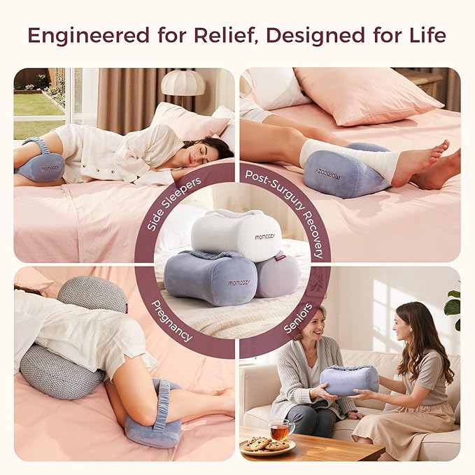 Momcozy Knee Pillow for Side Sleepers, Soft Memory Foam & Pinch-Free Design, Relieve Knee, Leg and Sciatica Pain, Adjustable Elastic Strap Ideal for Pregnant Women and Seniors, Crystal Velvet in Gray