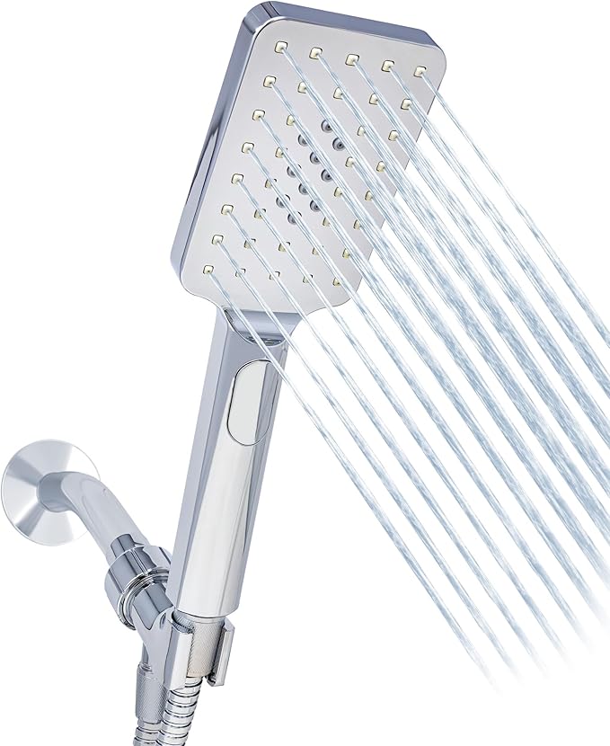 Metpure Handheld Shower Head with Easy Clicker for Multiple Sprays. Low Profile Lightweight Rectangular Shower Head. Stainless Steel Hose & Adjustable Mount Holder. Chrome Finish