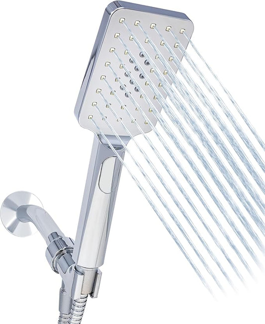 Metpure Handheld Shower Head with Easy Clicker for Multiple Sprays. Low Profile Lightweight Rectangular Shower Head. Stainless Steel Hose & Adjustable Mount Holder. Chrome Finish