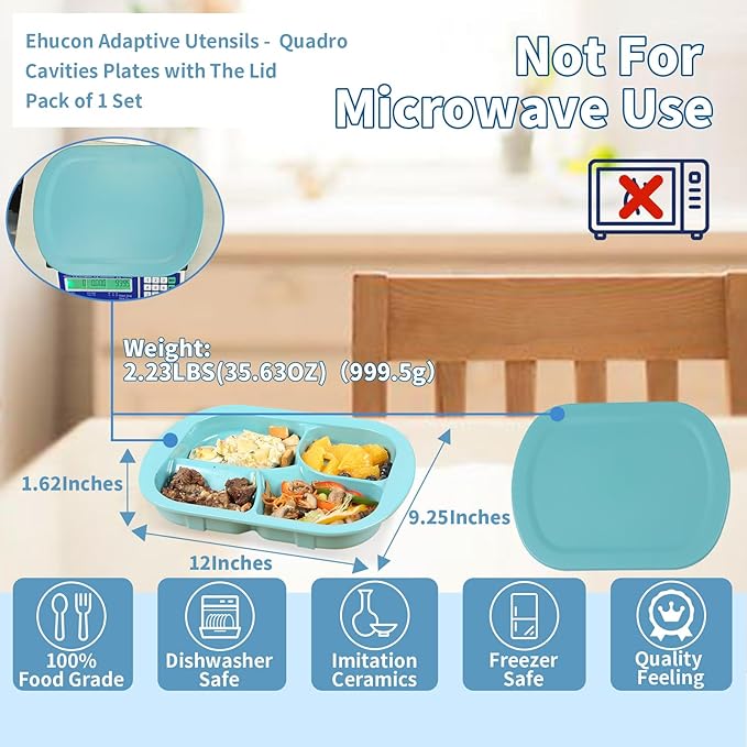 Adaptive Utensils Scoop Weighted Plate with Lid,Spill-Proof 4-Compartment Divided Plates with Extra Wall for Elderly,Non-Slip Disabled Products for Handicapped-Pack of 1