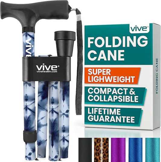 Vive Folding Cane - Foldable Walking Cane for Men, Women - Fold-up, Collapsible, Lightweight, Adjustable, Portable Hand Walking Stick - Balancing Mobility Aid - Sleek, Comfortable
