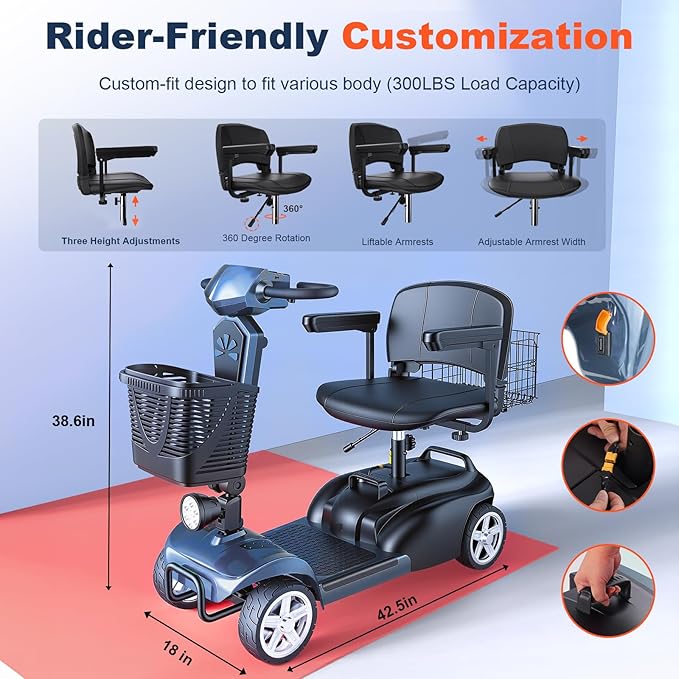 15/25/30/50Miles Eldryvon 4 Wheels Electric Mobility Scooter for Seniors, Dual Basket, 350W Powered Wheelchair with Rotating Seat, Mirrors, Foldable Motorized Scooter for Adults (Grey, 50Miles)