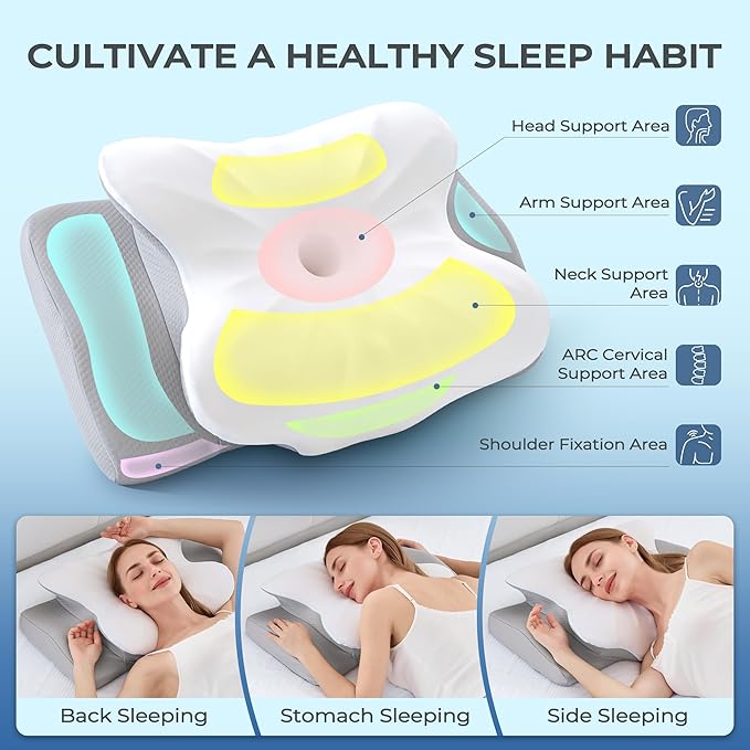 BDEUS Cervical Pillow for Side Sleepers, Neck Pillow for Sleeping, Memory Foam Ergonomic Pillow for Neck Pain Relief, Butterfly Contour with Arm Grooves, Dual Height Cooling Washable Cover, White