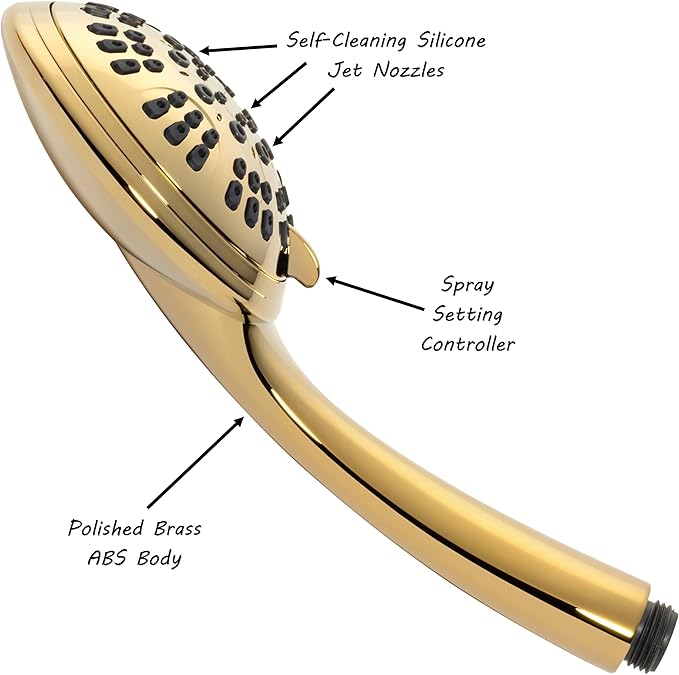 Aqua Elegante 6 Function Luxury Handheld Shower Head - Adjustable Pressure Rainfall Spray With Removable Nozzle, Polished Brass & California Certified