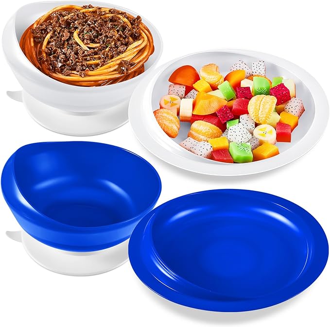 Hushee 2 Sets Adaptive Spill Proof Scoop Bowl and Plate Set with Suction Base Non Skid Self Feed Suction Dinnerware for Elderly Disabled Handicapped from Parkinsons Tremor (White and Blue)