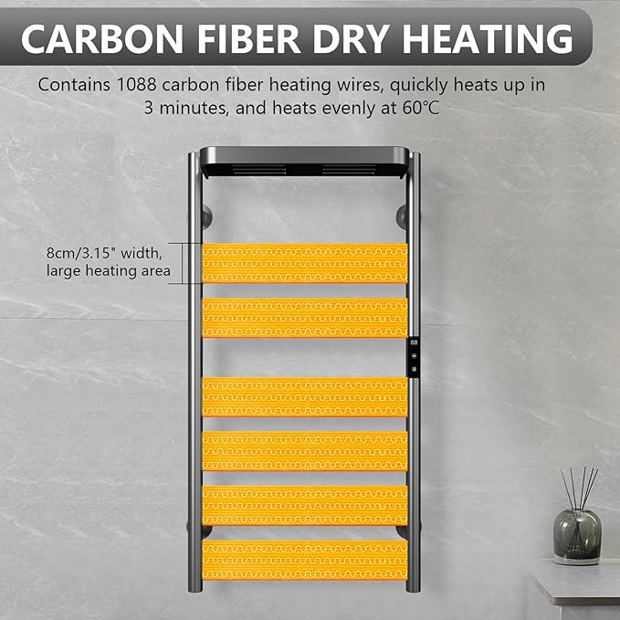 Towel Warmer Rack, Heated Towel Rack for Bathroom, Wall-Mounted Plug (Not Hardwired), Aluminum alloy/6 large area heating rods, With Timer and Temperature Adjustment, Overheat Protection Function Gray