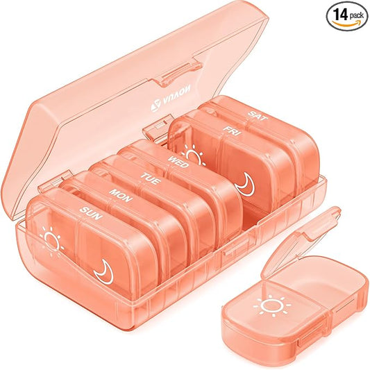 AUVON XL Weekly Pill Organizer 2 Times a Day, Pill Box 7 Day with One-Side Large Openings for Easy to Use, Watermelon Red AM PM Pill Case for Medication, Vitamins, Fish Oils, Supplements