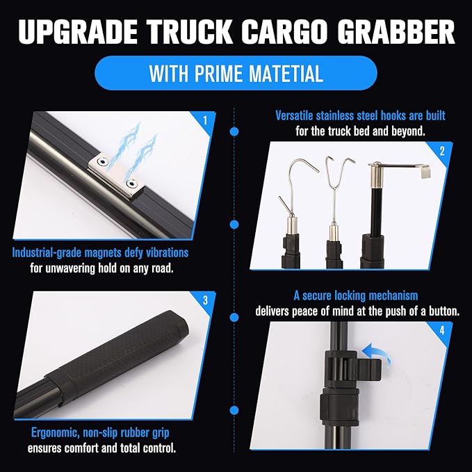 6.9 ft Magnetic Cargo Grabber Tool（Black）, Upgraded Telescoping Truck Bed Retriever for Pickup Trucks, Heavy‑Duty Aluminum Reach Stick with 3 Hooks & 1 Mounting Plate, Multi‑Use Truck Bed Accessory