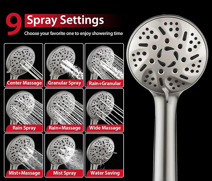 GRICH 2.5GPM Shower Head with Hand: 2 in 1 High Pressure Shower Heads With Handheld Spray Combo & Rain Shower Head, 9 Spray Modes Anti-Leak Waterfall Showerhead, Angle Adjustable, Brushed Nickel