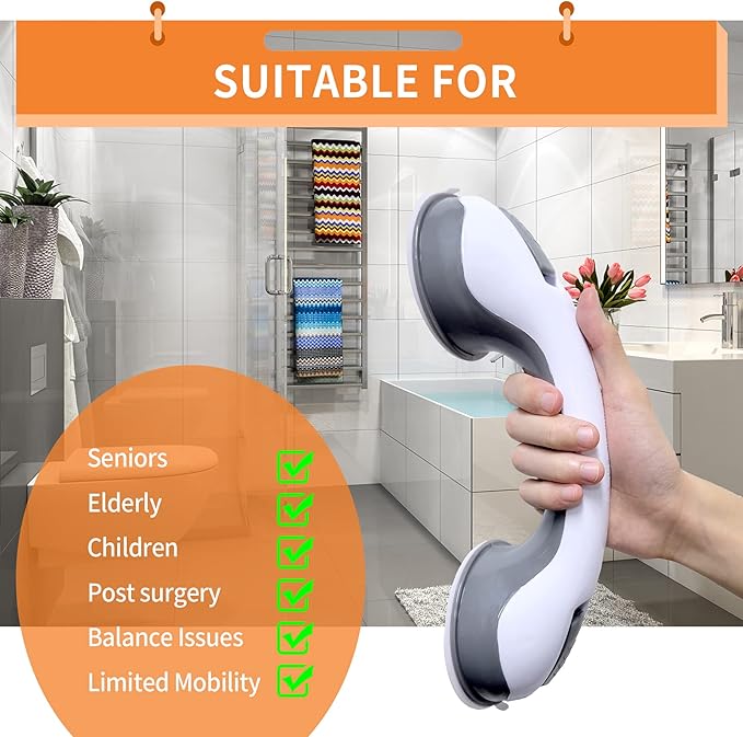12'' Portable Grab Bars for Bathroom,Ultra Grip Dual Locking Shower Handles for Elderly,Safety Suction Grab Bars for Shower,Balance Assit Hand Rail Support,Injury,Senior,Kids(Gray, 12"-Pack of 2)