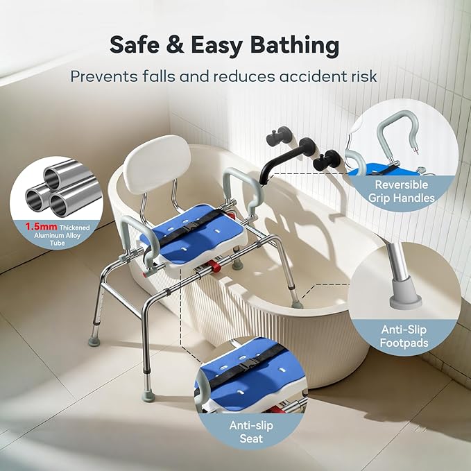 Sliding Shower Chair with Swivel Seat for Tub – 450lbs Bariatric 360° Rotating Bathtub Transfer Bench Inside Shower, Adjustable Height & Width Bath Chairs for Adults Seniors Elderly and Disabled