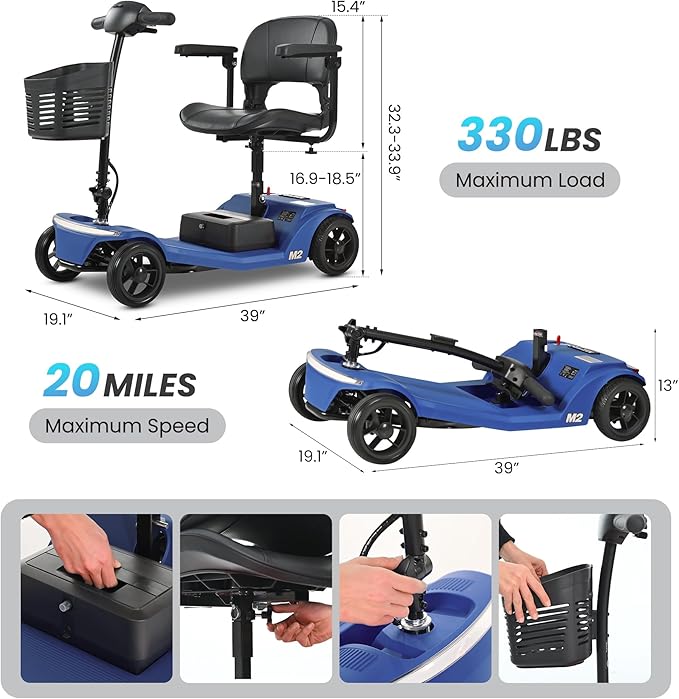 Mobility Scooter for Seniors and Adults M2 Blue,USB Port for 20 Miles Long Range Foldable Electric Scooter,260W Motor,330 LBS Heavy Duty Capacity,Portable and Lightweight for Travel
