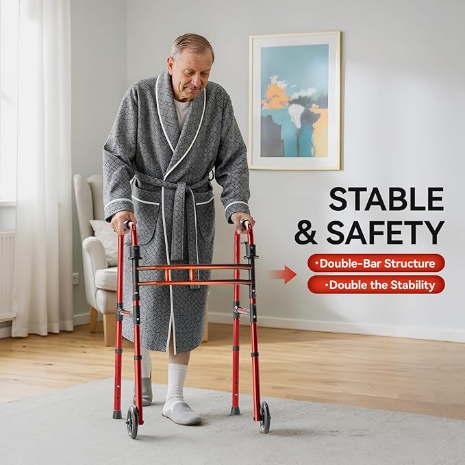 Loyoda Folding Walkers for Seniors Lightweight Walker with 5'' Front Wheel Height and Width Adjustable Aluminum Standard Walker for Elderly Handicap (Red)