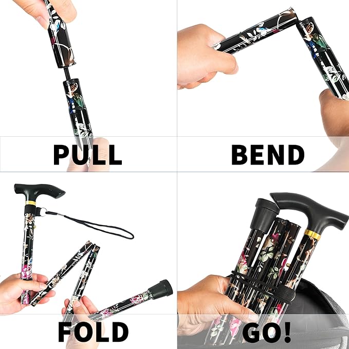 Folding Cane, 5-Level Adjustable Height Lightweight Portable Foldable Walking Canes with Wrist Strap and T Handle for Men Women Seniors