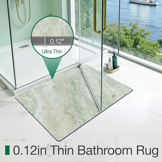 LUMI Ultra Thin Bath Mat, Super Absorbent Quick Dry Bathroom Rugs, Non-Slip Bathroom Mats, Marble Bathmats Fit Under Door, Bathtub, Sink, Shower Room, 24"x44", Green