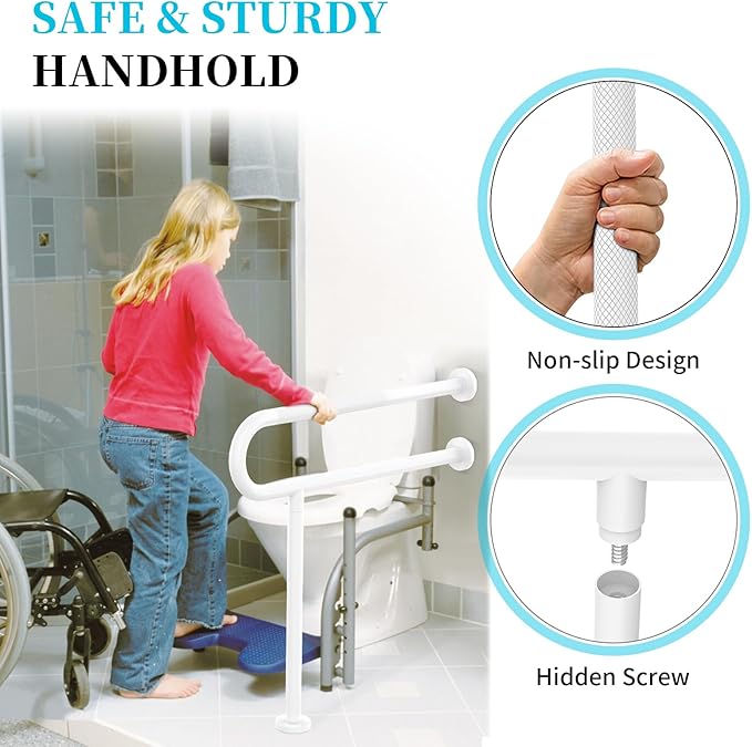 White Toilet Support Rail 31.3X 31.5 Inch, Munzong Anti-Slip Floor to Wall Handicap Grab Bar for Bathroom, Stainless Steel Knurled Safety handrails with Leg for Elderly Disabled Pregnant-1.25’Tube
