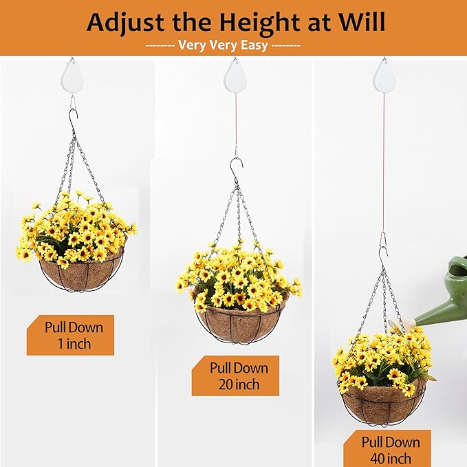 WROSWT Upgraded Retractable Plant Hanger,Plant Pulleys for Hanging Plants,Easy to Raise and Lower,Auto Lock,Heavy Duty, Adjustable Hook for Flower Pots,Birds Feeder (1 Pack,White)