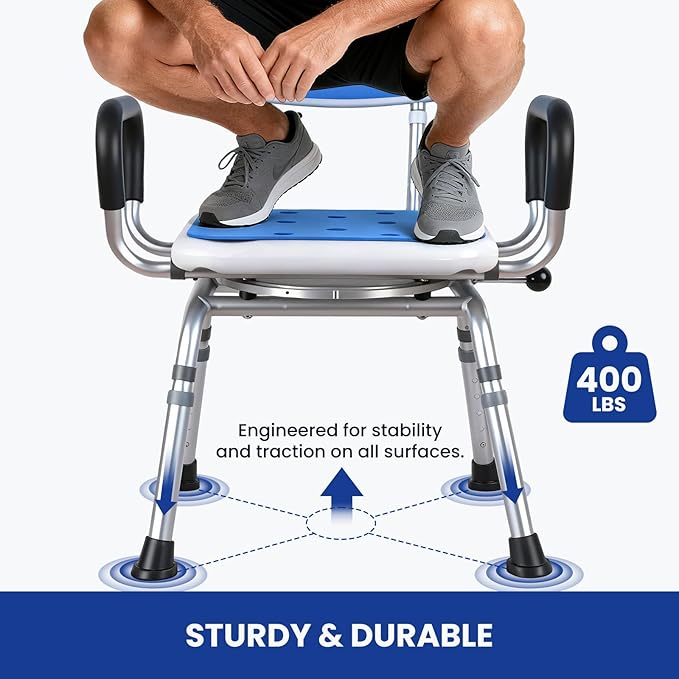 Deluxe Swivel Shower Chair with Arms & Back by CZMY, 360° Locking Seat, 5-Level Height Adjustable, Padded Heavy-Duty Bath Chair, 300 lbs, for Seniors, Elderly, Handicap & Disabled Blue