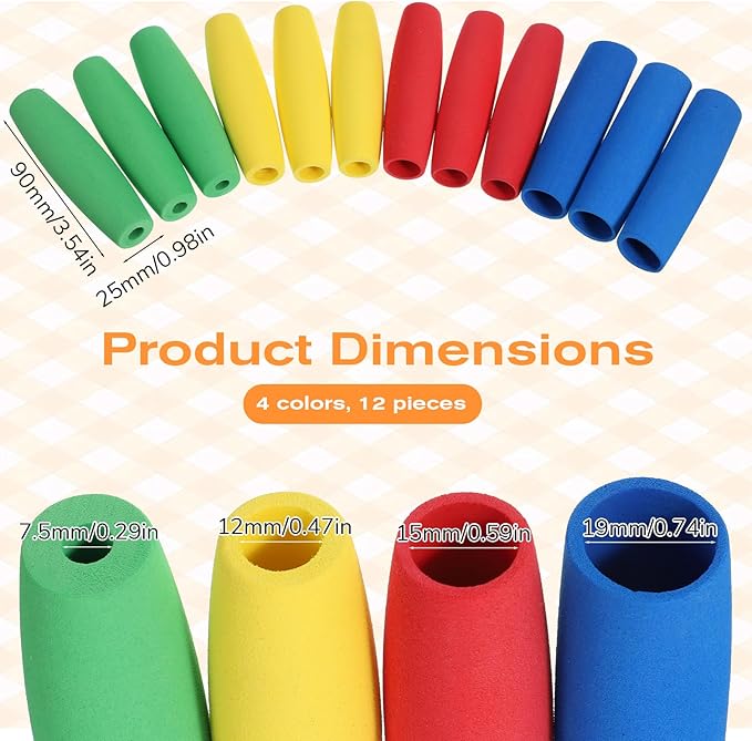 12 PCS Foam Grip Tubing, No-Cut Foam Tubes Grips Aid for Utensil Adaptive Utensil Cutlery Padding Grip Handle Comfort Grips for Disabled and Elderly, 4 Colors
