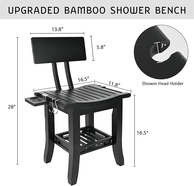 Ollieroo Two-Tier Bamboo Shower Chair for Inside Shower, Waterproof Baby Bath Seat with Storage Shelf, Soap Dish and Shower Head Holder, Shower Stool for Seniors Adults Disabled Pregnant(Black)