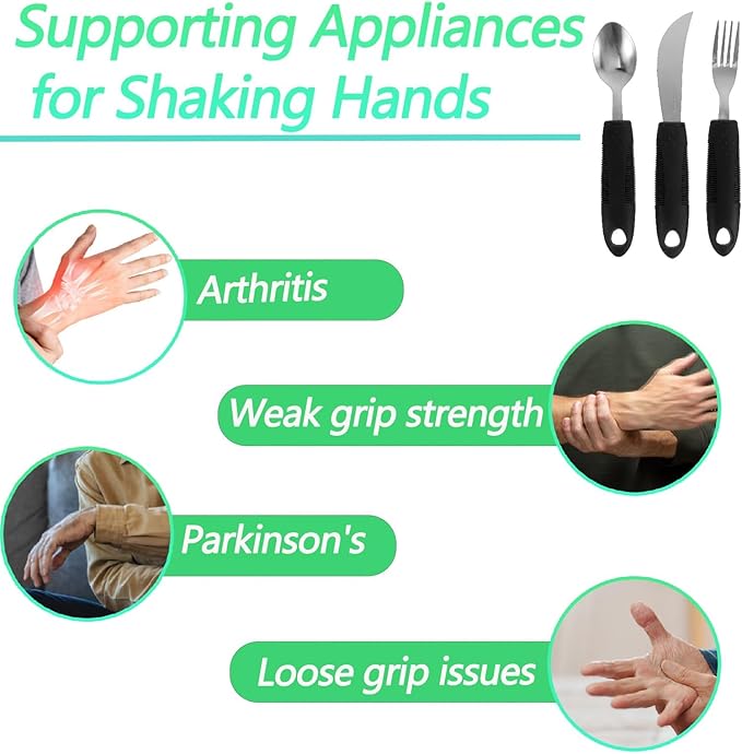 3PCS Adaptive Utensil Set - Arthritis Aid Silverware for Parkinsons, Hand Tremors - Easy Grip for Shaking and Trembling Hands - Heavy Stainless Steel Spoon (Regular)