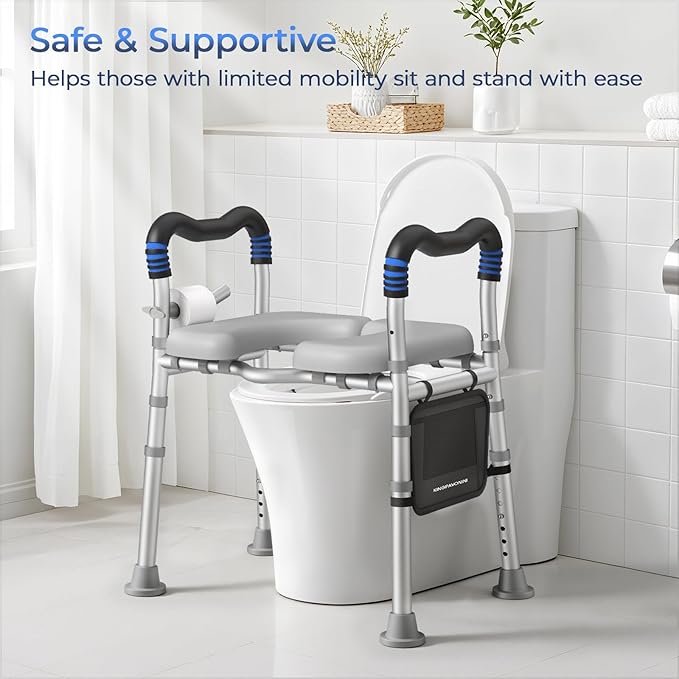 KingPavonini Toilet Seat Risers for Seniors, Raised Toilet Seat with Handles with Adjustable Height & Width, Soft Padded Seat, Elevated Toilet Seat Riser, Load 500lb, Fit Any Toilet
