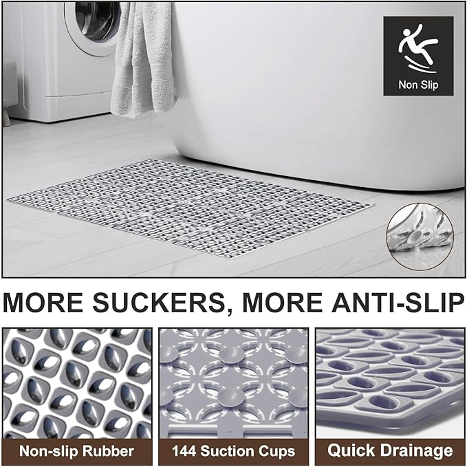 Shower Mat Non Slip，24"X24" Bathtub Mat Non Slip Square Shower Mats for Inside Shower with Drain Holes Suction Cups, Quick Drain, TPE Shower Floor Mat for Elderly & Kids (D-Grey)