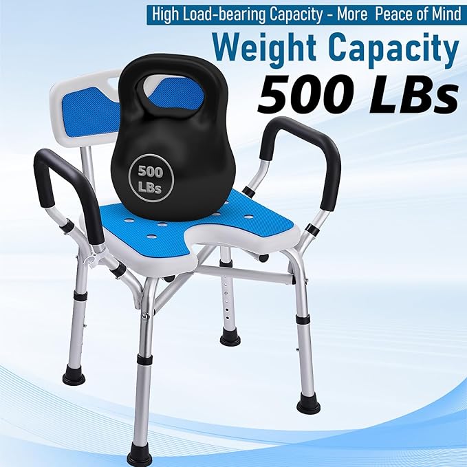 Shower Chair for Elderly and Disabled: U-Shape Shower Seat with Non-Slip Silicon Pad for Bariatric with Arms & Back, Height Adjust & 500lbs Heavy Duty Shower Chair for Inside Shower