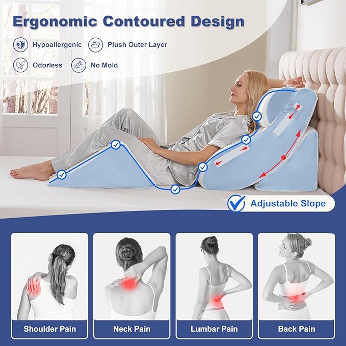 WSOFRLAC 4PCS Wedge Pillow Set for Sleeping – Orthopedic Bed Pillow for Post Surgery, Adjustable Memory Foam Support for Sitting Up in Bed, Back Pain, GERD, Snoring Relief, White Blue