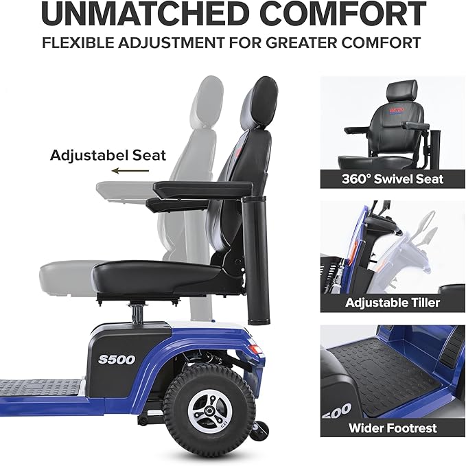 S500 4-Wheel Electric Mobility Scooter, Long-Range 52Ah Battery Up to 25 Miles, 500W Heavy-Duty Motor, 10” Pneumatic Tires, Adjustable Captain Seat, Storage Baskets for Seniors, Blue