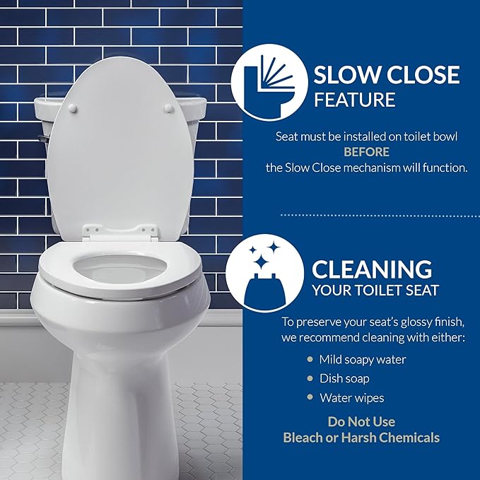 Mayfair Aurora Slow Close Toilet Seat, Easy Clean Hinges and Adjustable Perfect Fit Plastic Seat, Made in USA, Elongated, White