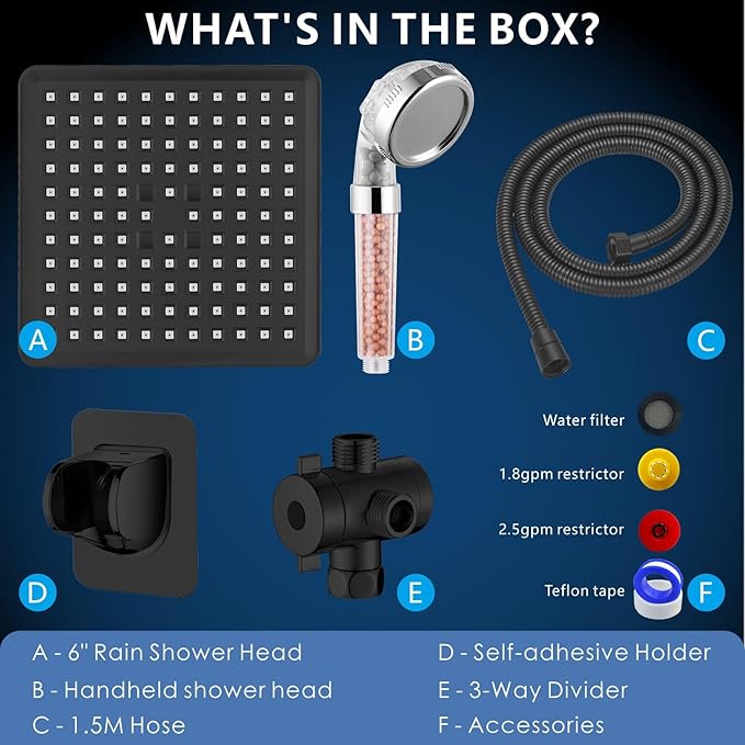 Voolan High Pressure Rain Shower Head with Handheld Spray Combo, Hand Held Filter Showerhead with Self-adhesive Holder and 59" Hose (Matte Black)