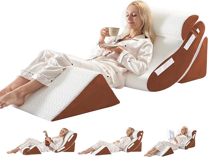 WSOFRLAC Orthopedic Bed Wedge Pillow Set 4PCS – Memory Foam Pillows for Sleeping, Post Surgery, Back Pain, Sitting Up in Bed, Acid Reflux, Snoring, Leg & Arm Support, White Brown