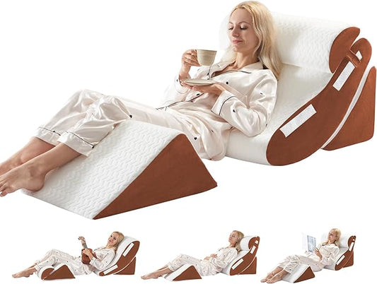 WSOFRLAC Orthopedic Bed Wedge Pillow Set 4PCS – Memory Foam Pillows for Sleeping, Post Surgery, Back Pain, Sitting Up in Bed, Acid Reflux, Snoring, Leg & Arm Support, White Brown