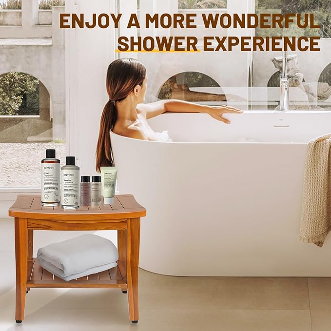 20" Premium Teak Shower Bench with Shelf & Handle, Solid Teak Shower Stool, Durable Wooden Waterproof Seat for Inside Shower, Teak Wood Bench for Bathroom, Indoor & Outdoor Use